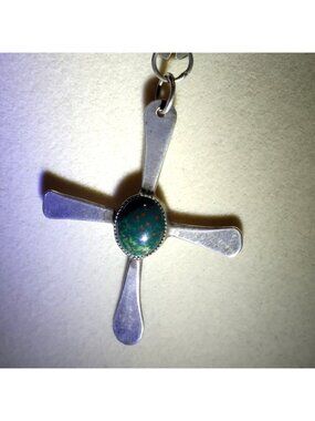 Necklace Bloodstone Hand Forge Vintage Sterling Silver Cross Saw Bezel Bone Link